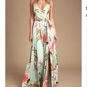 Lulu’s Still The One Sage Green Floral Print Satin Maxi Dress